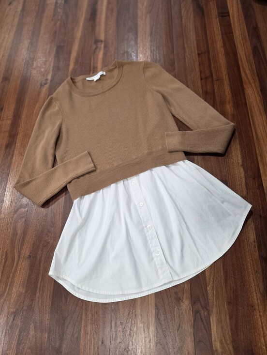 Veronica Beard Sweaters - Veronica Beard Rocha Poplin Wool/Cotton Blend Camel Ribbed Sweater with Shirt. L